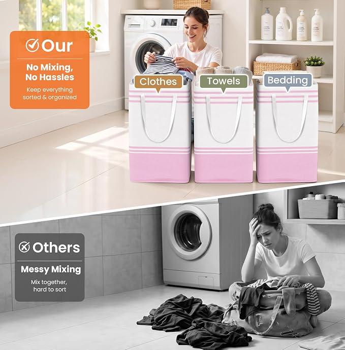 TranquilRelax 3-Pack Laundry Basket, Laundry Hamper, Pink-88L | Freestanding＆Water-Resistant Laundry Hamper, Collapsible Tall Clothes Hamper with Carry Handles for Clothes, Laundry Basket