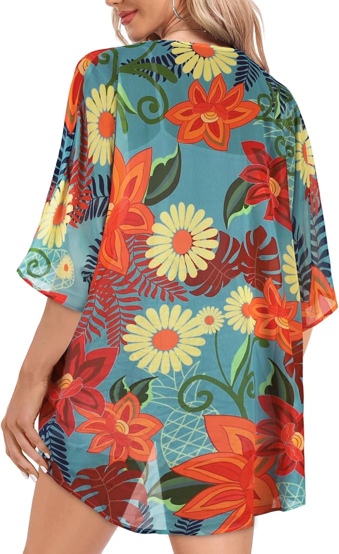 Women Kimono Cardigans Summer Cover Up Hawaiian Shirts Floral Print Tops | ROSEMIA chiffon kimono open front cardigans, beach cover ups, daily casual tops, cruise outfits, summer resort wear