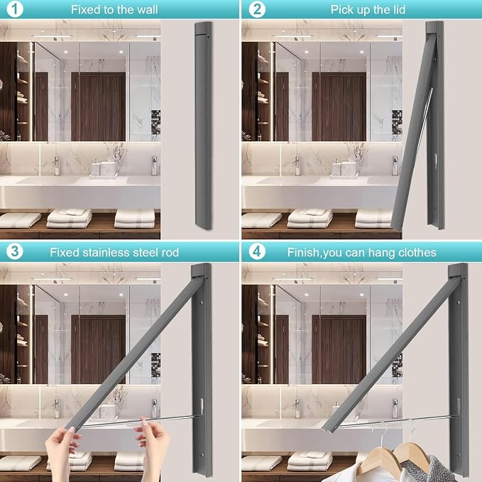 Clothes Drying Rack Folding Indoor,Laundry Room Organization,Wall Mounted Drying Racks for Laundry,Laundry Drying Rack Collapsible,Laundry Drying Rack,Retractable Clothesline (Gray)