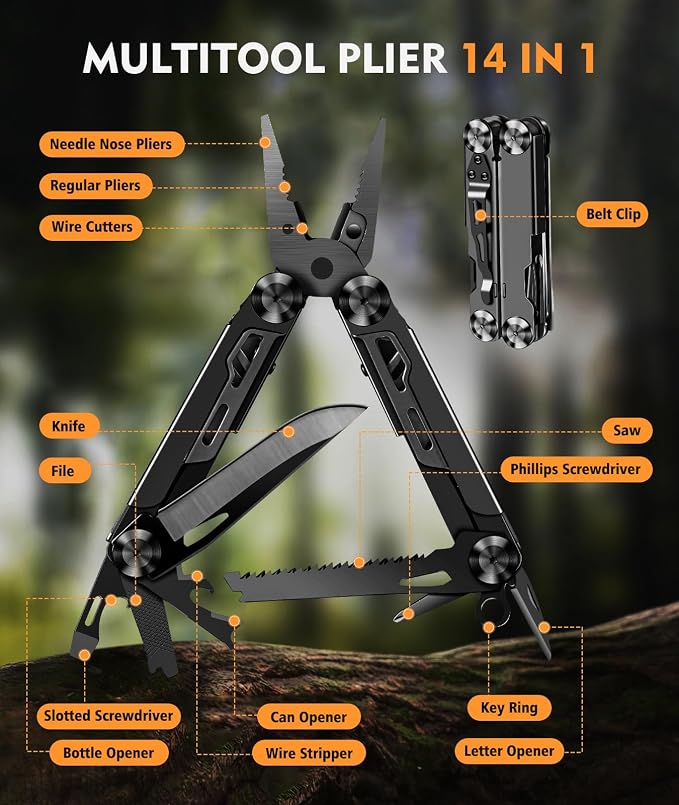 Multitool, 14-in-1 Stainless Steel Foldable Multi Tool with Wire Cutter, Knife, Saw, Screwdrivers, Bottle/Can Opener, Multitools with Pocket Clip for EDC, Camping, Hiking, Repairing, Black