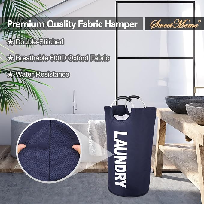 Large Laundry Basket, Laundry Hamper Bag with Handles, 95L Navy Blue | Freestanding Tall Dirty Clothes Hamper, Collapsible and Portable Laundry Bin for Dorms and Bedrooms, Thick, Sturdy Fabric