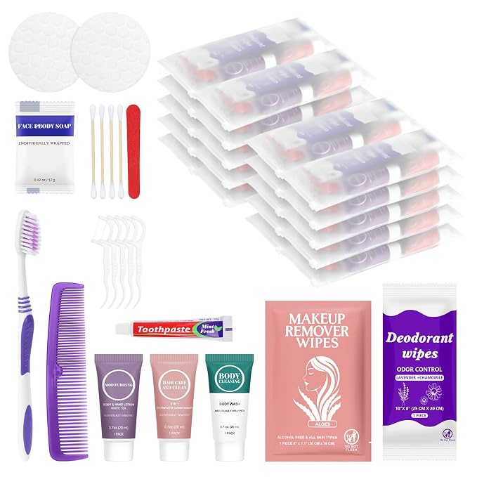 Travel Toiletries Personal Cleaning Bulk,Disposable Hygiene Kit Care Package Supplies, Women Toiletry Essentials Set Individually Wrapped for Camping, Hotel, Vacation, Homeless, Charity (11-in-1, 50)