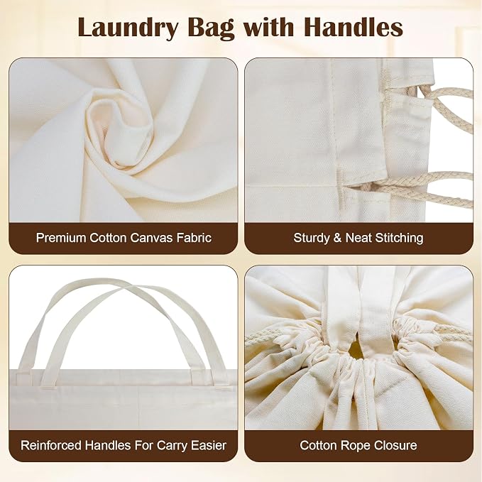 Canvas Laundry Bags with Handles & Rectangular Base 20"Wx15"Dx27.6"H 2 Pack | Extra Large Heavy Duty Laundry Basket Hamper Liner Replacement, Washable Canvas Drawstring Dirty Clothes Bag, Beige