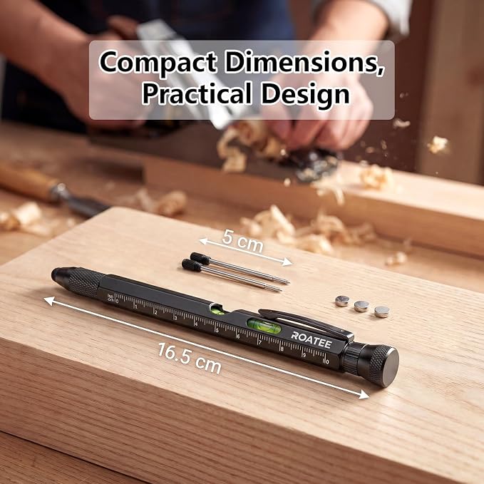 ROATEE Fathers Day Men Multi Tool Pen 12 in 1 Cool Stuff Gadgets Gift for Husband Dad Birthday Personalized Gifts Fidget Construction Pen with Small Screwdriver, Level, Ruler,Led Light, Black