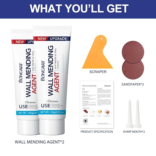 Drywall Repair Kit, 2-Pack Wall Mending Agent, Wall Spackle with Tools | Includes Scraper and Sandpaper. For Wall Surface Hole Fill, Quick And Easy Solution.