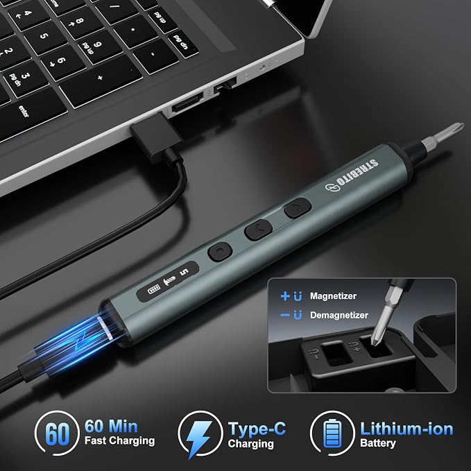 STREBITO Mini Electric Screwdriver, 67 in 1 Electric Screwdriver Kit | 50 S2 Preicison Bits, 5 Torque Settings, Organized Storage, Mini Power Screwdriver Rechargeable Tool Kit for PC Electronics