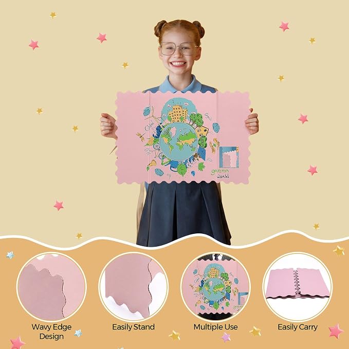 Mooliwe 4 Pack 21" x 14" Trifold Poster Board Boho Color Corrugated Scalloped 3 Fold Small Display Boards Foldable Business Paper Board for Presentation Science Fairs Event School Projects