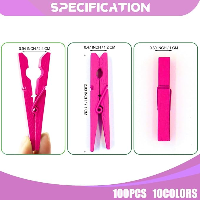 100 Pcs Wooden Clothespins - 2.9 Inch Clothes pins Cheer Clips Heavy Duty | Vibrant for Crafts Classroom Decorations Clothing Pictures Laundry Solid Wood No Splinters Fade‑Proof Magenta Pink