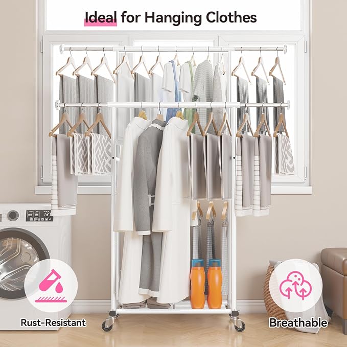SUFAUY Commercial 80" H Clothes Rack for Hanging Dresses, Extend 50“L Double Rolling Garment Rack on Lockable wheels with Adjustable Rod and Storage Shelves, Load 350 LBS, White