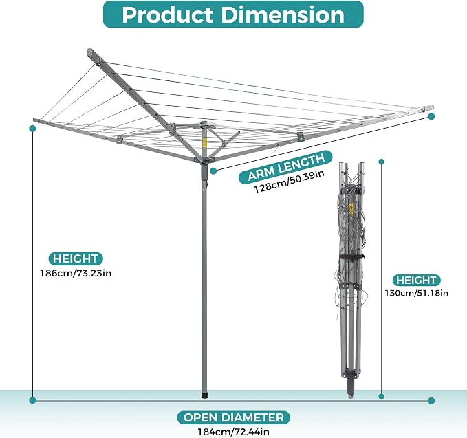 JS Clothes Drying Rack, 131ft Clothesline Height Adjustable Collapsible Laundry Rack for Outdoor Use, Space-Saving Drying Rack for Bedding & Clothing