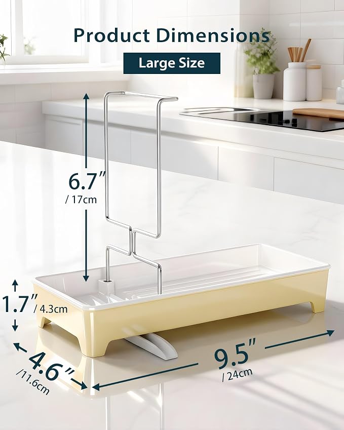Minimalist Sink Caddy, Rustproof Sponge Holder for Kitchen Sink with 304 Stainless-Steel Brush Holder, Countertop Rack Organizer with Raised Ridges & Silicone Drain Tube (Pastel Yellow, Large)