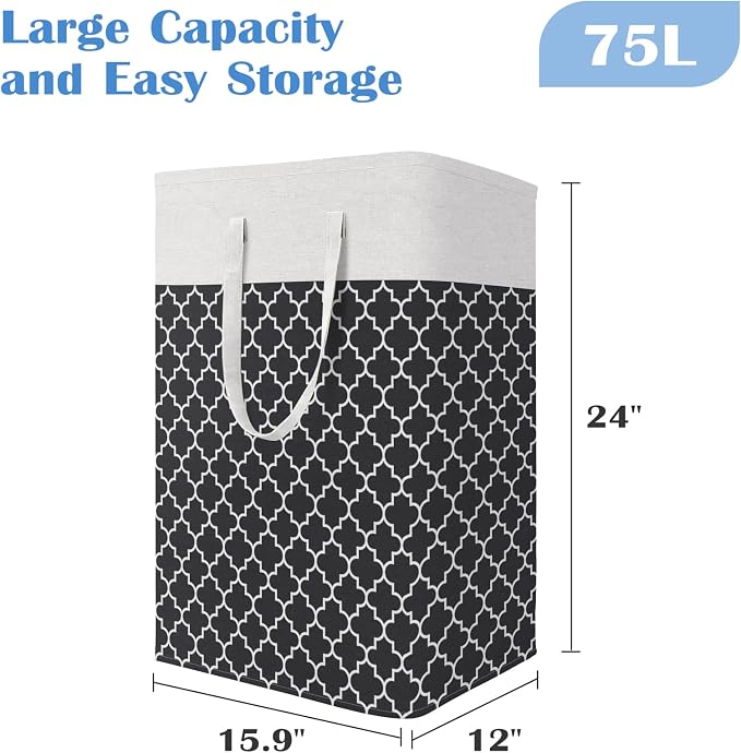 BlissTotes 3-Pack Laundry Basket, Collapsible Laundry Hamper, Black, 75L | Laundry Clothes Hamper, Hampers for Bedroom, Freestanding Hamper with Handles, Clothes Laundry Basket