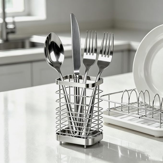 Utensil Holder, Stainless Steel Utensil Drying Rack for Kitchen Counter, Silverware Cutlery Flatware Holder Forks, Knives, Spoons, Chopsticks Organizer (Silver)