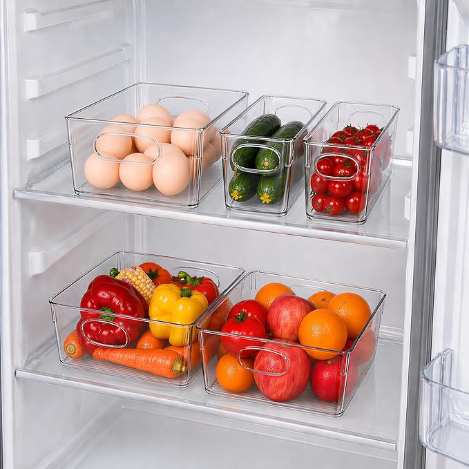 UFORU 10 Pack Clear Pantry Organizers and Storage, Stackable Plastic Storage Bins with Handles, Clear Storage Bins for Kitchen, Fridge, Freezer, Cabinet and Containers for Pantry Organization
