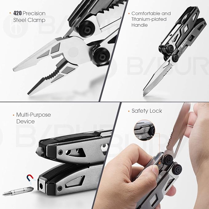 BIBURY 18-in-1 Multitool Pliers with Titanium-Plated Handle & Safety Hammer | Safety Locking, Nylon Sheath, Pocket Knife, Ideal for Outdoor, Survival, Camping, Hiking, Home Repair, Gift for Men