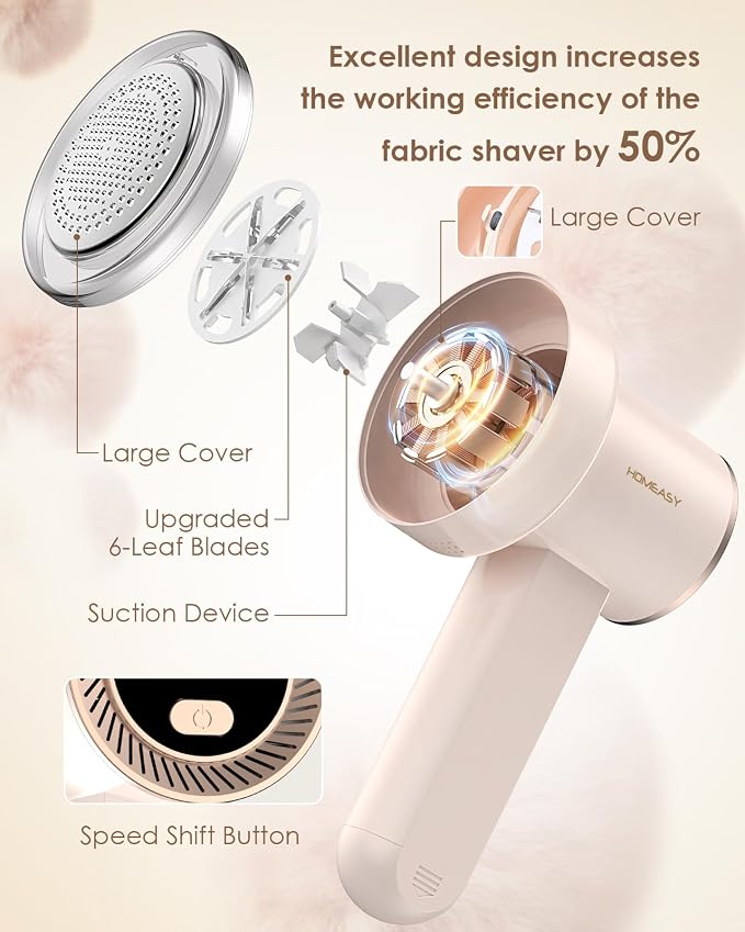 HOMEASY Fabric Shaver, Rechargeable Lint Remover for Clothes Pink | Electric sweater shaver and depiller for Furniture with 70mm head, 6-leaf blades, LED battery display and Type-C charging