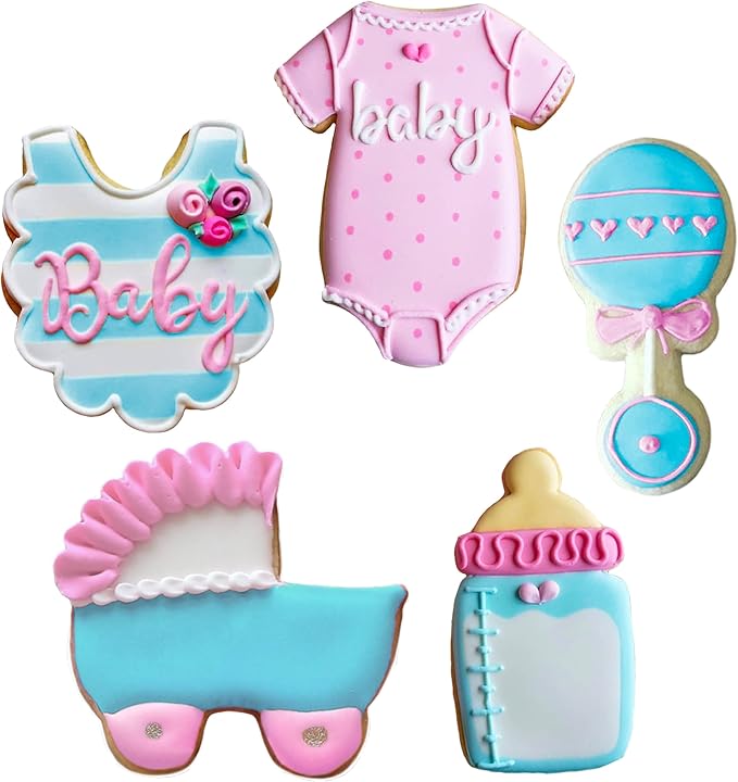 Ann Clark 5-Pc. Baby Shower Cookie Cutter Set, Made in USA, Baby Bottle, Rattle, Onesie, Carriage and Bib