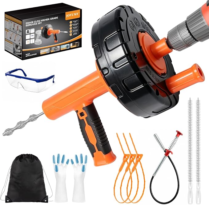 Drain Snake 8Set-33Ft Drain Clog Remover,34inch Heavy Duty Plumbing Snake,20inch Hair Clog Remover,18inch Cleaning Brush,Goggles and Gloves for Bathtub,Toilet,Sewer,Kitchen Sink,Drainage Pipe