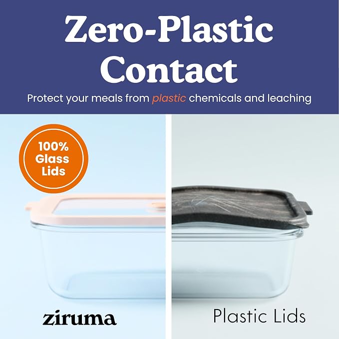 Non-Toxic Glass Food Containers with Lids, 2-Pack, 50 oz, Airtight, Beige | Plastic & BPA free. Glass body, glass lid & platinum silicone seal. Airtight & leakproof. Freezer & microwave safe.