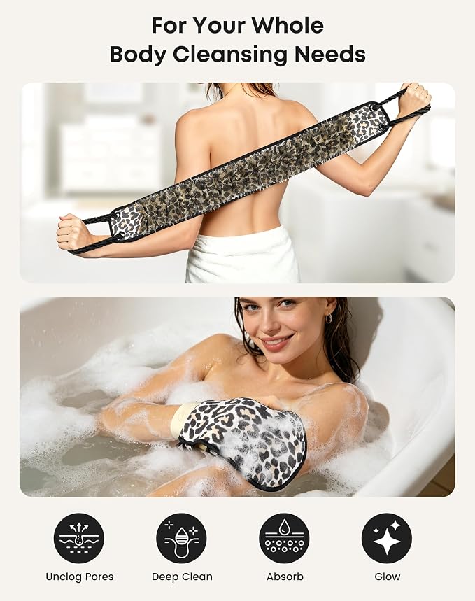 eaxun Exfoliating Back Scrubber with Two Handles & Glove for Shower, Dual-Sided Bath Exfoliator and Mitt with Mesh Loofah for Men, Women, Elderly, Deep Cleansing Body Washer Set - Leopard