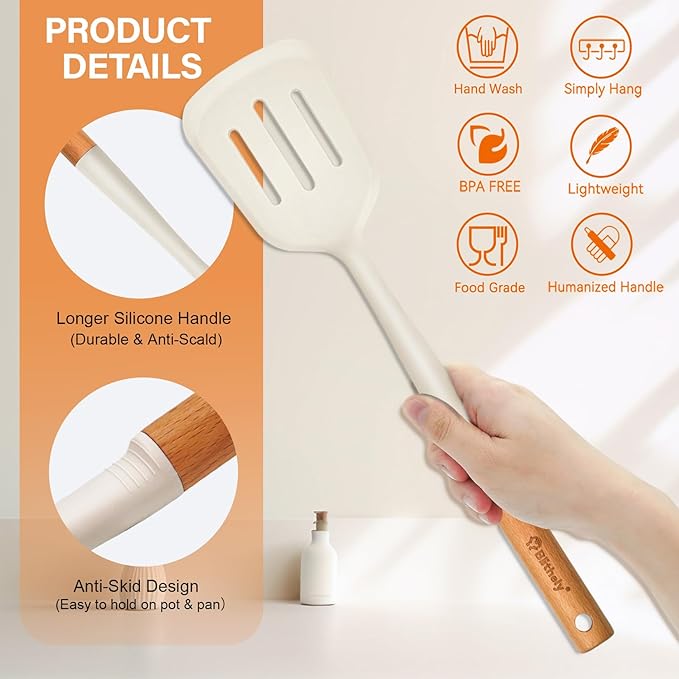 Large Silicone Cooking Utensils Set, 10Pcs Nonstick Kitchen Utensil Set with Wooden Handle, Heat Resistant Silicone Utensils for Cooking, BPA Free Spatula Set with Turners Spoon Ladle Skimmer(White)
