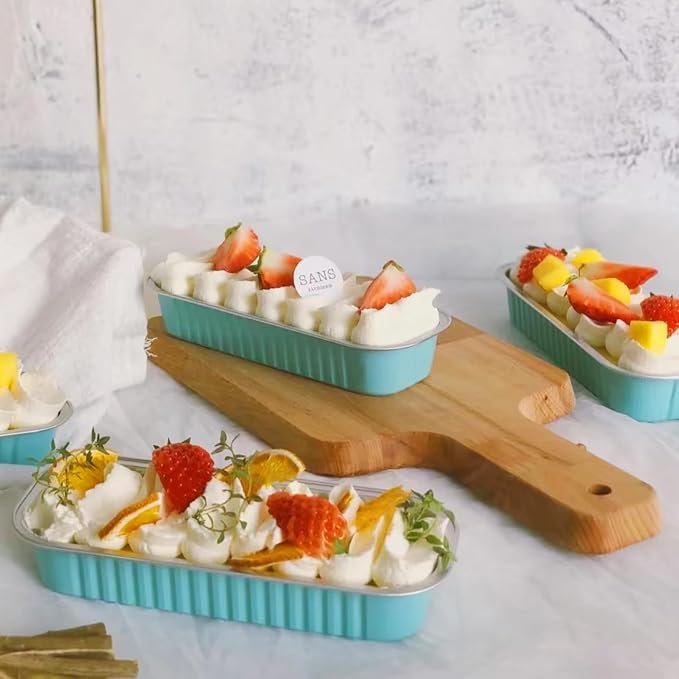 Mini Cake Pans with Lids and Spoons 200 Pack, Mini Loaf Pans with lids 6.8oz, Small Disposable Aluminum Foil Loaf Pans, Rectangular Baking Container for Party, Picnics and Housewarming (Blue)