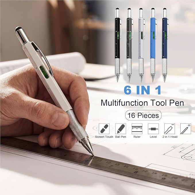 Zhanmai 16 Pcs 6 in 1 Multitool Pen Bulk Gift for Men Multi Tool Pen with Ruler Level Screwdriver Stylus Cool 40 Ink Refill Tool Gadget Birthday Christmas Stocking Stuffers (Black Gray Silver Blue)