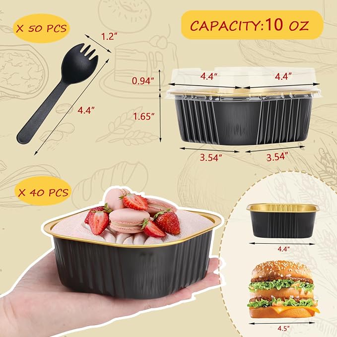 LNYZQUS Mini Cake Pans with Lids and Spoons,10oz Disposable Small Foil Baking Tins,40 Pack Individual Cake Containers for Home Bakers Bake Sales-Black,4x4 Square