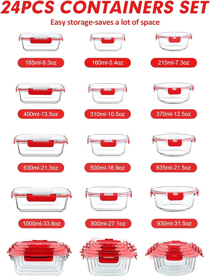 VERONES 12 Packs Glass Food Storage Containers Set, Airtight Glass Lunch Containers, Glass Meal Prep Containers with Lids,Exclusive of BPA, for Microwave, Oven, Freezer & Dishwasher Friendly,Red