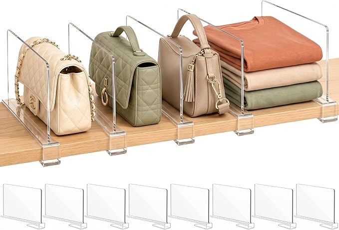 SortNStore Shelf Dividers Purse Organizer for Closet: 6-inch Tall(Shorter Version) Acrylic Handbag Organizer - Small Space Separator for Clutches Evening Bags Pouches Mini-Bags on Wood Shelves 8-Pack