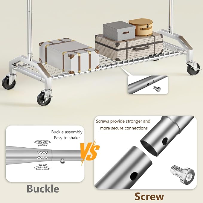 Wiracks Clothes Rack for Hanging Clothes 350lbs Heavy Duty Clothing Rack 51 to 71" W x 16.53" D x 65" to 71" H Adjustable Rolling Clothes Rack Coat Rack Garment Rack 3" industrial Wheels Silver