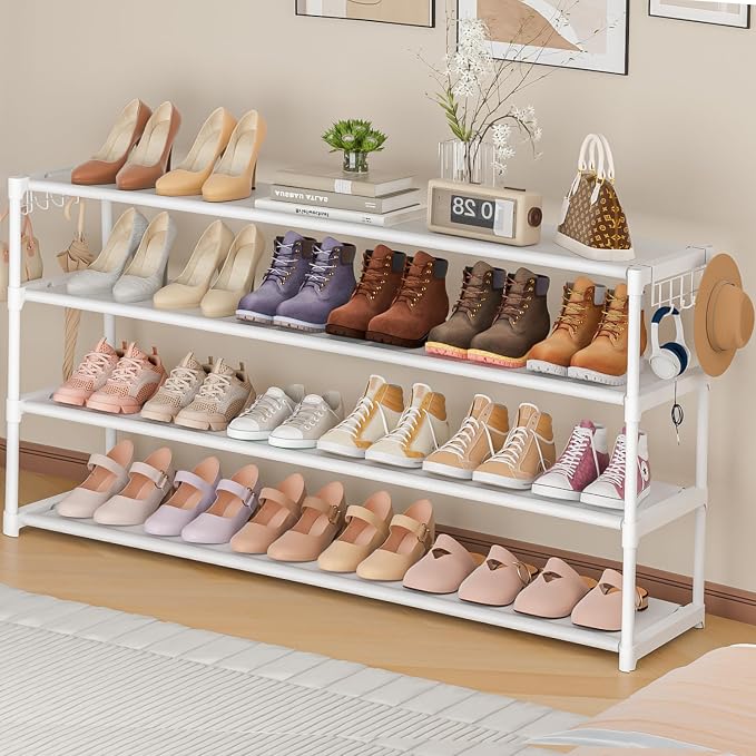 LUKYTOWER Extra Long Shoe Rack 4 Tier with 2 Hooks Shoe Storage Organizer | Wide Stackable Shoe Racks for Closet, Entryway,Shoe Shelf Stand Sturdy Durable Shoes Holder Save Space Up to 26Pairs