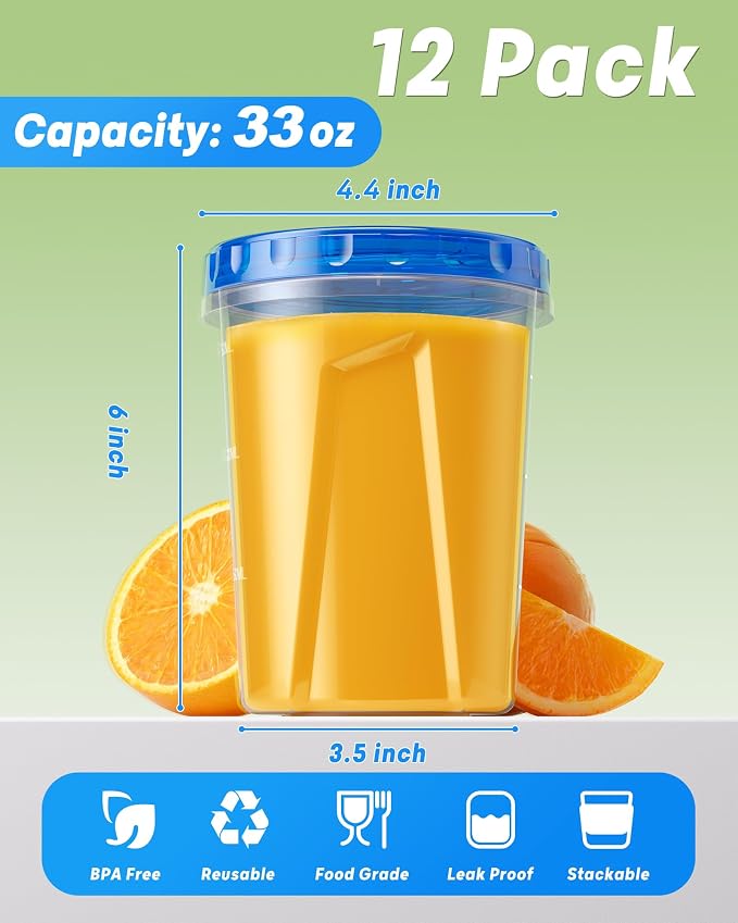BiuLeon 12 Pack-33oz Freezer Storage Containers, Plastic Food Storage Containers with Twist Top Lids, BPA Free and Reusable Soup Containers with Lid, Microwave and Dishwasher Safe