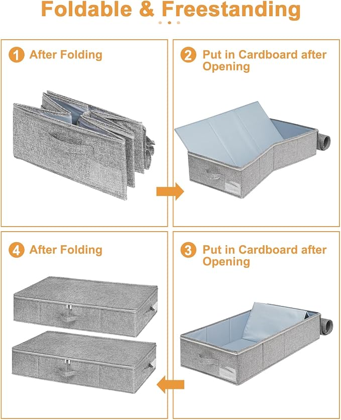 punemi Under Bed Storage, 3 Pack Underbed Storage Container Bags With Lid, Foldable Sturdy Clothes Storage Drawer Organizer W/ 3 Handles, Ultra Thick Fabric Blanket Shoe Storage Box, Grey | Rigid Sides & Bottom, 50L Large Capacity for Evening Gowns & H...