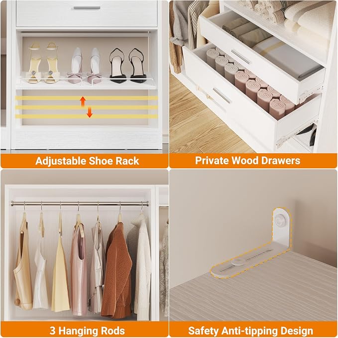 Unikito Closet System Set of 2, 5FT Closet Systems with 2 Wood Drawers, 61" Closet Organizer System with 3 Hanging Rods & 2 Shelves, Heavy Duty 61 Inch Walk-in Closet , White (61" L x 16" W x 80" H)