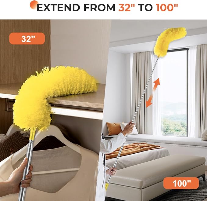 Dusters for Cleaning High Ceiling Fan, 30–100 Inch Microfiber Duster，Yellow | Flexible Microfiber & Chenille Heads Trap Dust, Long Extendable Duster for Home, Car, Cobwebs, Shelves & Tight Spaces
