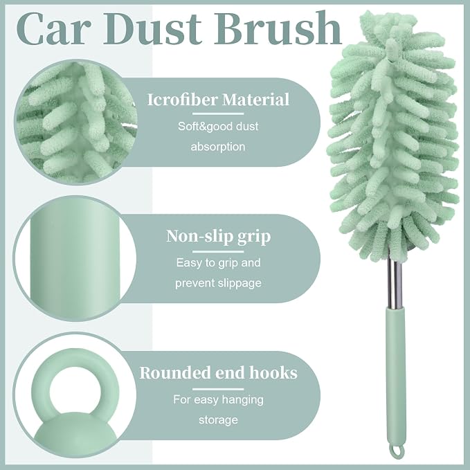 2 PCS Car Interior Duster with Extension Pole, Dusters for Cleaning | Microfiber Car Dusters with Bendable Head, Duster Interior & Exterior Scratch Free for Vehicle, Offices, Window (Light Green)