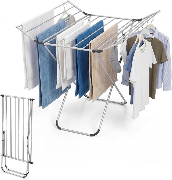 GOFLAME Clothes Drying Rack, Laundry Drying Rack with 2 Foldable Wings, 14 Drying Rods, Free-Standing Collapsible Laundry Airer for Clothes, Towels, Bed Linens, Indoor Outdoor Use, No Assembly Needed