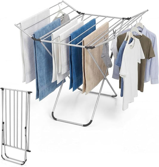 GOFLAME Clothes Drying Rack, Laundry Drying Rack with 2 Foldable Wings, 14 Drying Rods, Free-Standing Collapsible Laundry Airer for Clothes, Towels, Bed Linens, Indoor Outdoor Use, No Assembly Needed