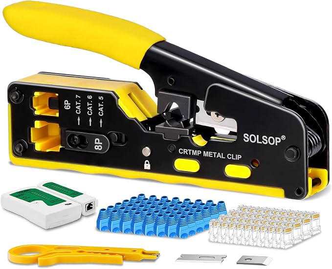 Solsop Pass Through RJ45 Crimp Tool Kit All-in-One Ethernet Crimper | Cat7 Cat6 Cat5 Crimping Tool with Network Cable Tester, 50-Pack Cat6 RJ45 Pass Through Connector, 50-Pack Connector Boots