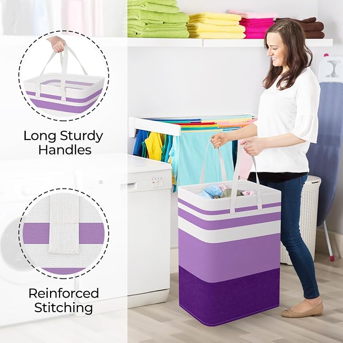 StorageRight Laundry Basket Hamper, 75L Collapsible Clothes Storage, Purple | Freestanding Clothes Hampers, Foldable design, with Easy Carry Handles, For Laundry, Bedroom, Dorm, Clothing, Towels, Toys