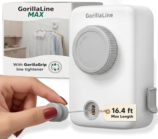 GorillaLine Max - Retractable Clothesline Indoor Outdoor Clothes Line - Heavy Duty Clothes Drying Laundry Line - Wall Mounted Drying Rack - Air Dry Clothing - Max Tighten with GorillaGrip