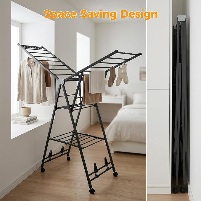 Clothes Rack, 2-Tier Drying Hanger, for 20 Pieces+, Foldable and Space Saving, Portable, Indoor or Outdoor Use, Solid Metal Clotheshorse, Nice for Mum, Gray(1.7 m Wing Length)