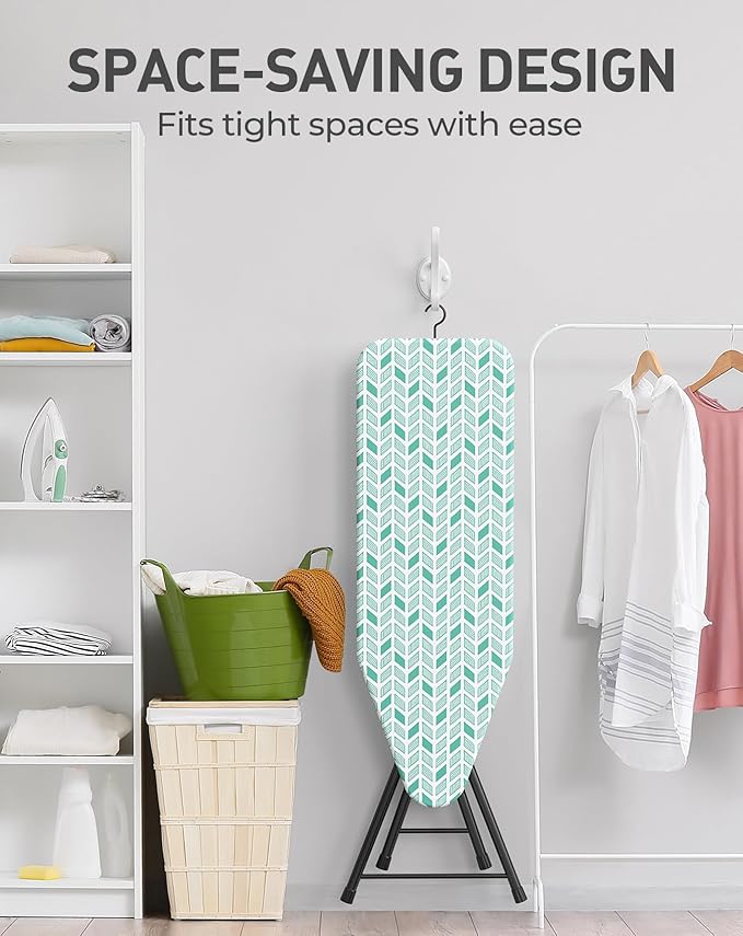 LyriFine Ironing Board, 2-in-1 Ironing and Steaming Board, Sturdy Steel Frame Iron Board with Non-Slip Feet, Heat Resistant Cover Iron Board, Foldable Compact Ironing Board with Hook, 14″ x 43″ Green
