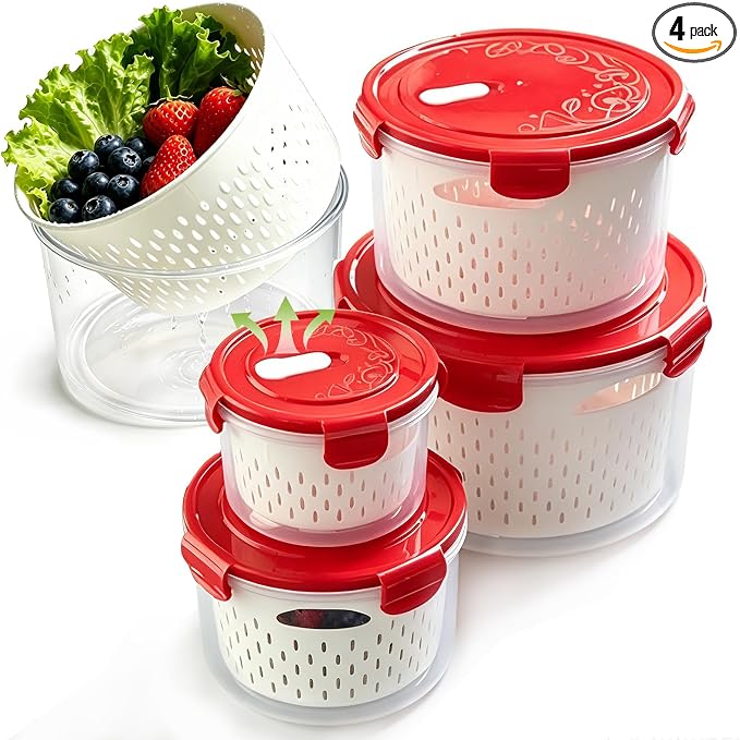 TBMax 8 Pieces Airtight Fruit Storage Containers for Fridge with Air Circulation Vent, 4 Pack Round Produce Saver with Colander for Berry Lettuce Salad Vegetable Storage, Refrigerator Organizers -Red