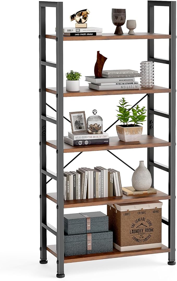 DUMOS 5 Tiers Bookshelf, Classical Modern Book Shelf, Tall Display Shelves in Living Room/Home/Office, Storage Organizer for CDs/Books/Movies, Rustic Brown | Tall Display Shelves in Living Room/Home/Office, Storage Organizer for CDs/Books/Movies, Rusti...