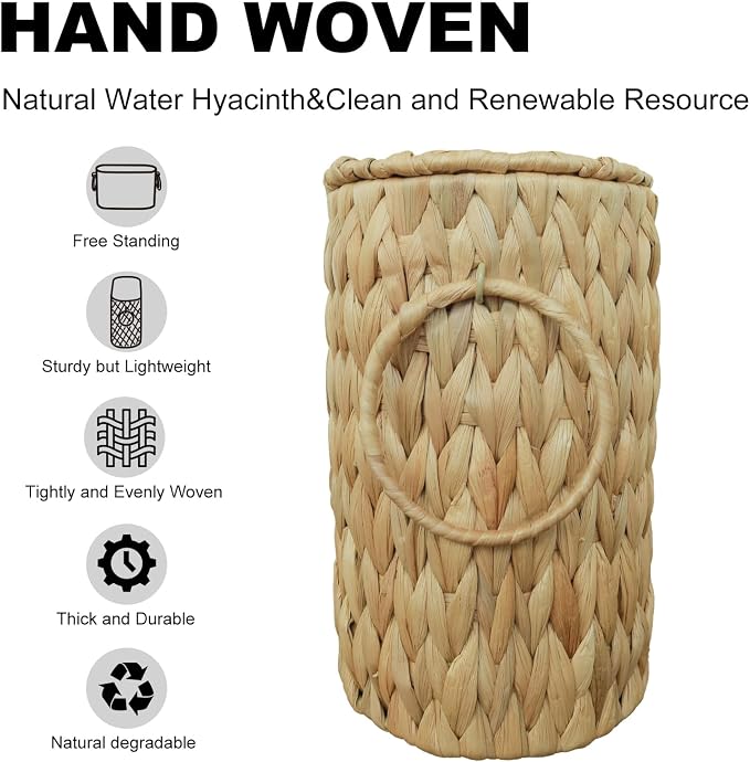 Coeusy Toilet Paper Basket with Lid,Wicker Basket for Bathroom Organizers and Storage,Holds Up to 6 Mega Rolls, Decorative Hand-Woven Rattan Bathroom Decor Accessories,Natural Water Hyacinth