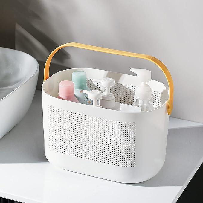 Plastic Protable Shower Caddy Basket, Storage Organizer, Yellow, 2 Pack | Bottom Drain Holes, Keep Dry, Sturdy and Durable, Easy to Carry for Bathroom, Kitchen, Dorm Room, RV, College