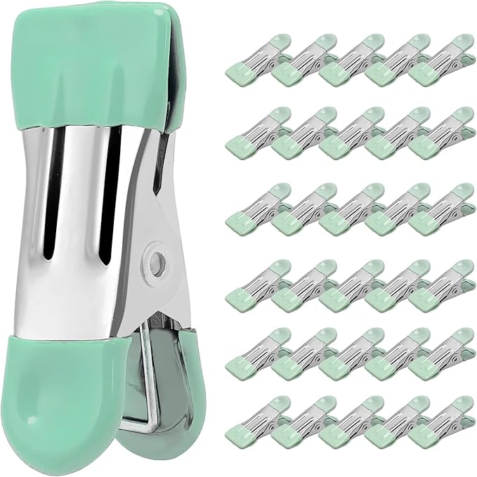 Clothes Pins Heavy Duty, 30 Pack, 2.17 Inch Metal Chip Clips, Light Green | Clothespins for Photo Drying Clothesline Laundry Sock, Bag Clips for Food Kitchen Stainless Steel with Rubber