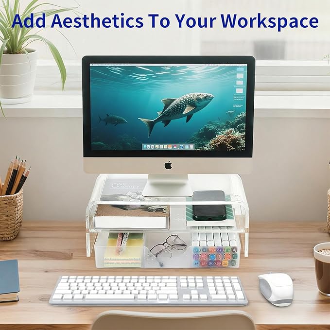 OPNICE Desk Organizer and Accessories, 2-Tier Computer Monitor Stand Riser with Drawer and 2 Pen Holders, Laptop Stand, Office Desk Accessories for Office Supplies, 1 Pack, Transparent